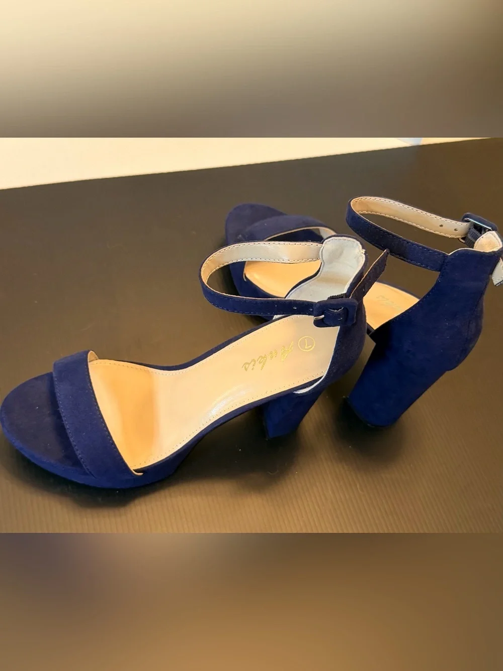 Women's Navy Suede Ankle Strap Block Heel Sandals Size 7